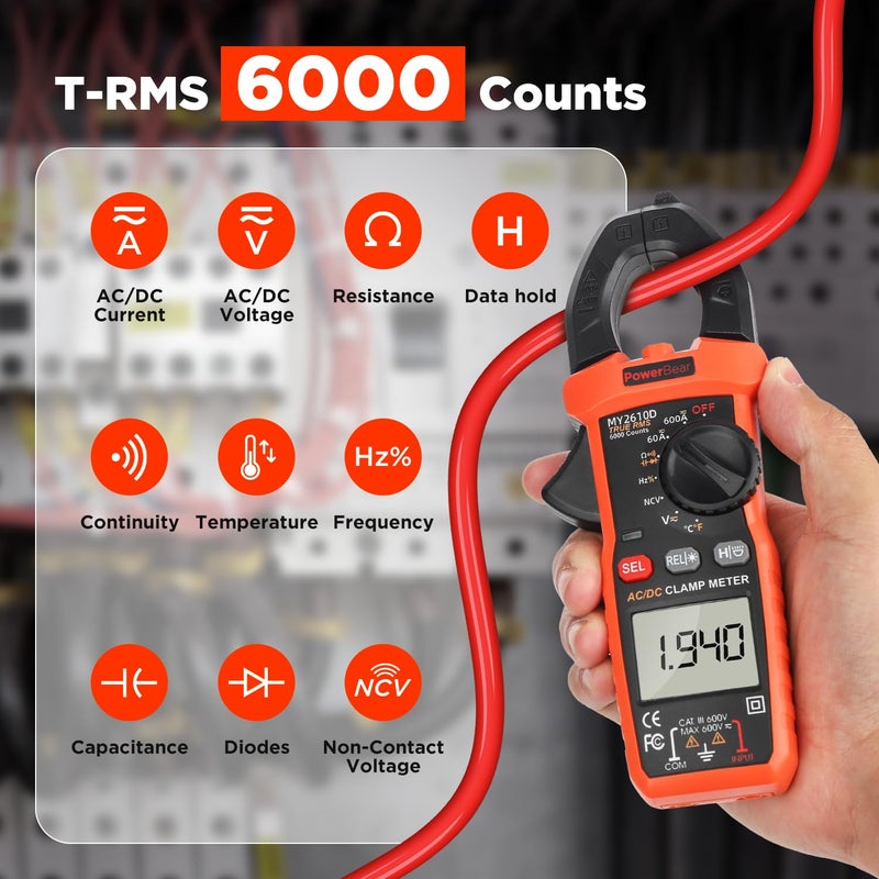 PowerBear Digital Clamp Meter Multimeter 6000 Counts for AC/DC Current & Voltage, Auto-ranging Amp Tester, Measures Resistance, Capacitance, Continuity, TRMS, Temperature, NCV Detection - Image 2